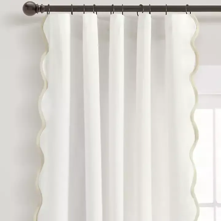 White and Tan Scalloped Curtain Panel Set, 84 in.