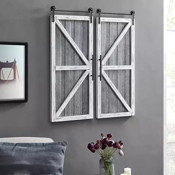 White Barn Door Galvanized Wall Plaques, Set of 2