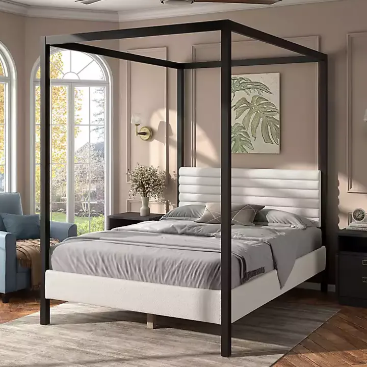 White Boucle Upholstered Black Canopy Queen Bed