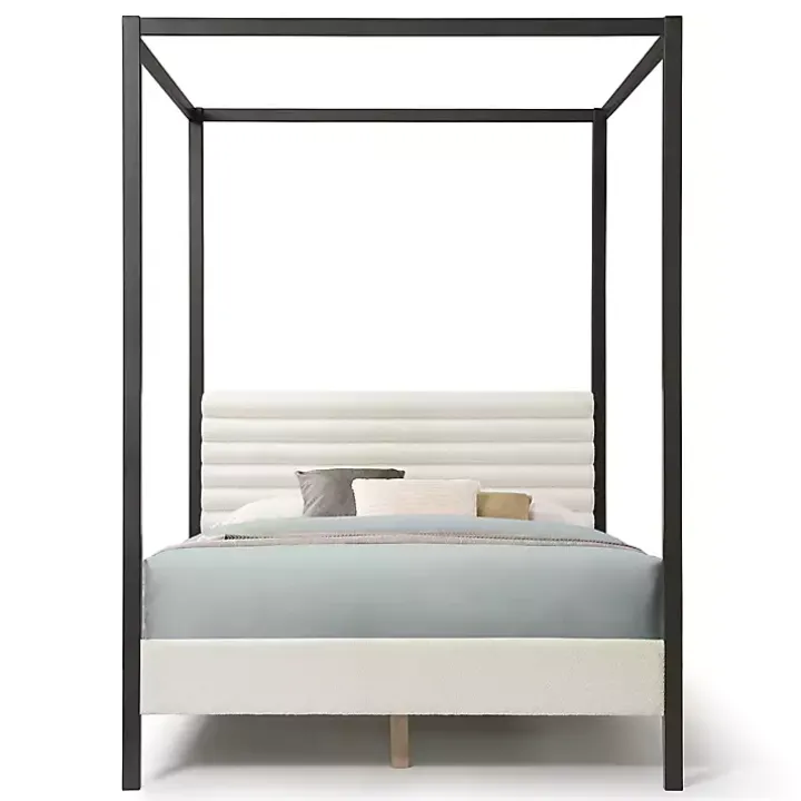 White Boucle Upholstered Black Canopy Queen Bed