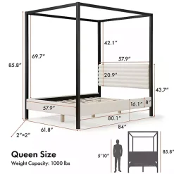 White Boucle Upholstered Black Canopy Queen Bed