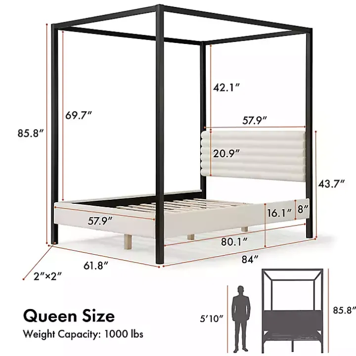 White Boucle Upholstered Black Canopy Queen Bed