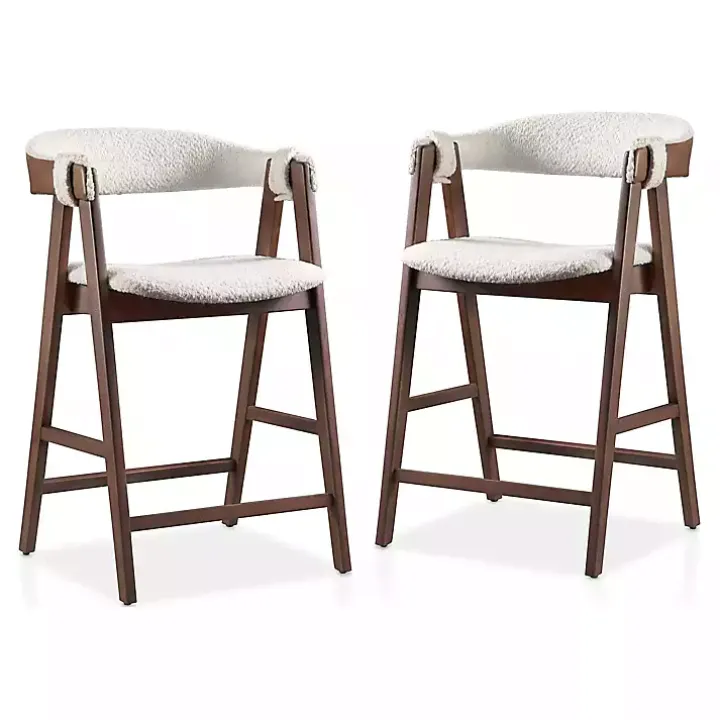 White Boucle Wood Penny Counter Stools, Set of 2
