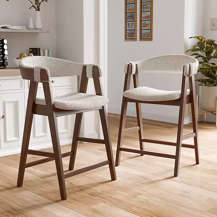 White Boucle Wood Penny Counter Stools, Set of 2