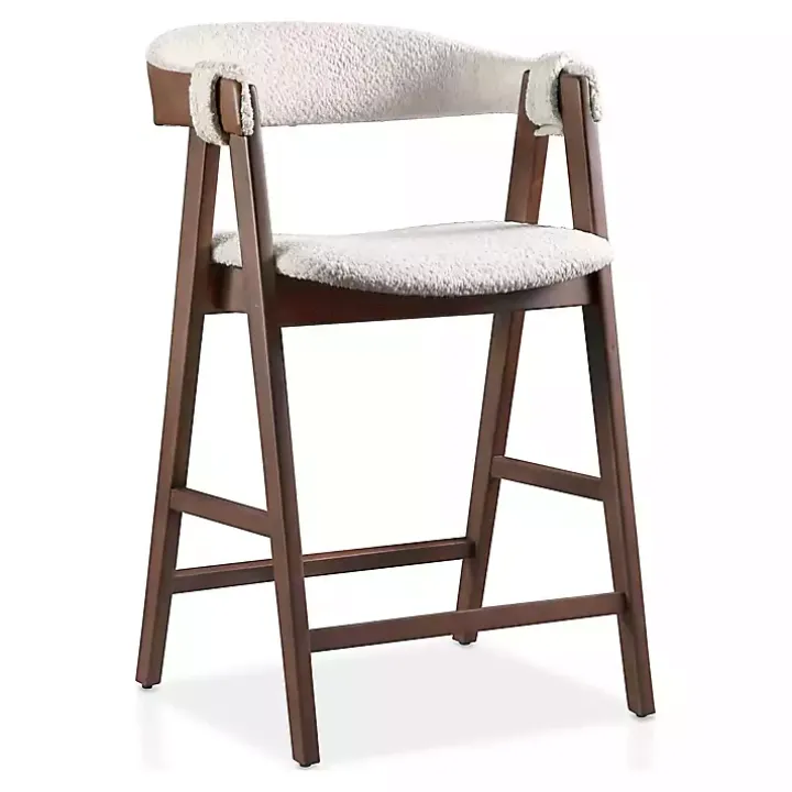 White Boucle Wood Penny Counter Stools, Set of 2