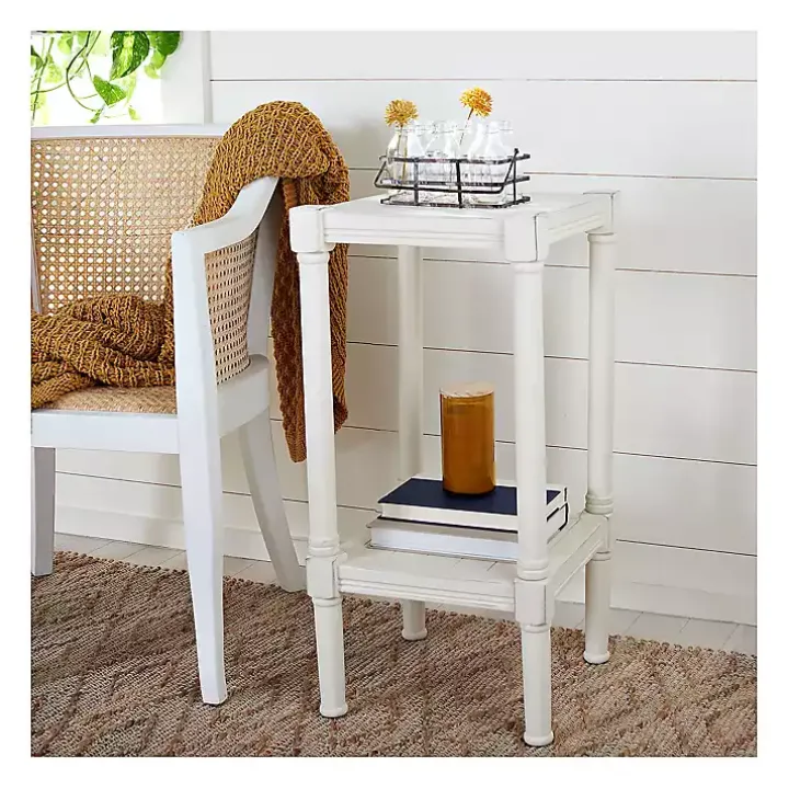 White Carved Pinewood Farmhouse Accent Table