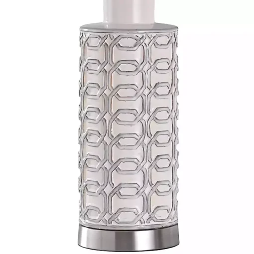 White Ceramic Geometric Table Lamp with Blue Shade