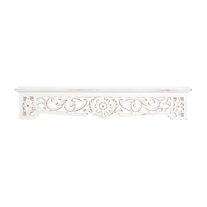 White Distressed Wood Carved Floral Shelf