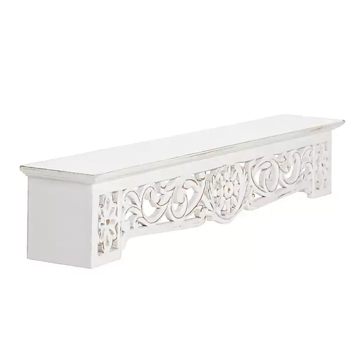 White Distressed Wood Carved Floral Shelf