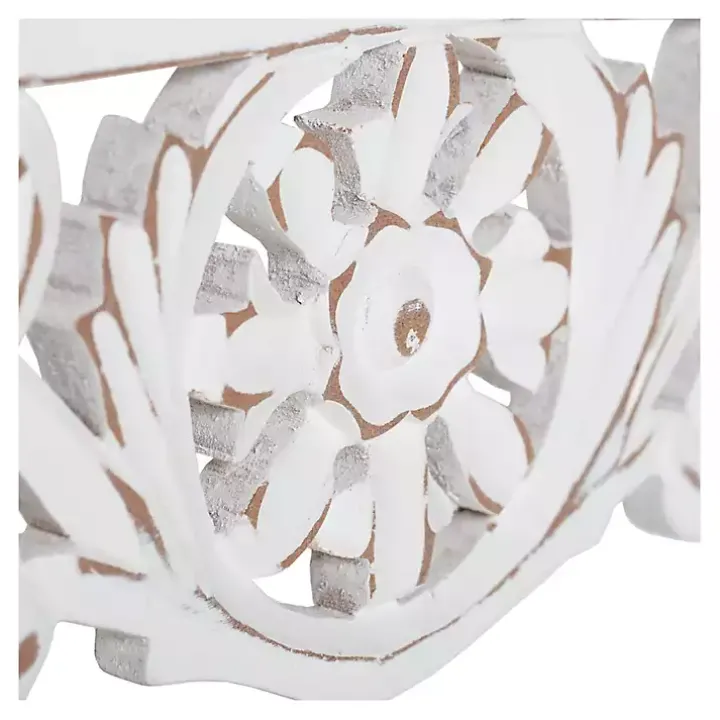 White Distressed Wood Carved Floral Shelf