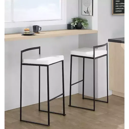 White Faux Leather Stackable Bar Stools, Set of 2