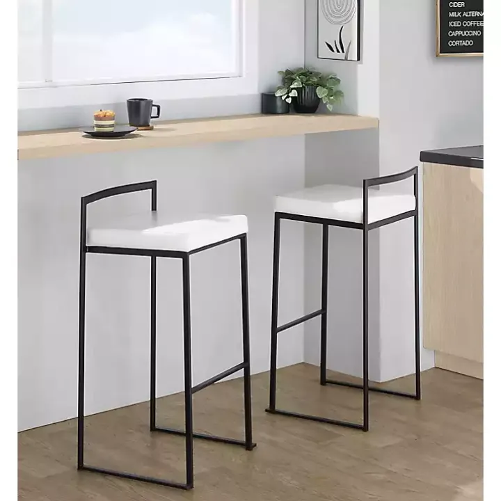 White Faux Leather Stackable Bar Stools, Set of 2