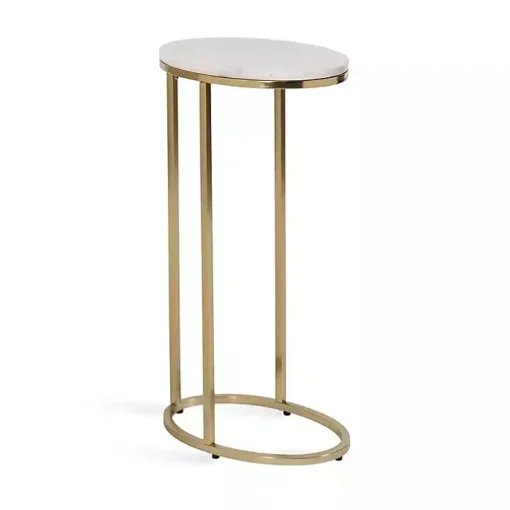 White Marble and Gold Oval C-Shape Accent Table