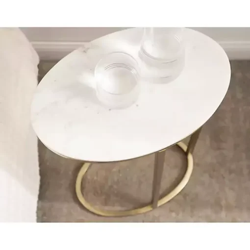 White Marble and Gold Oval C-Shape Accent Table
