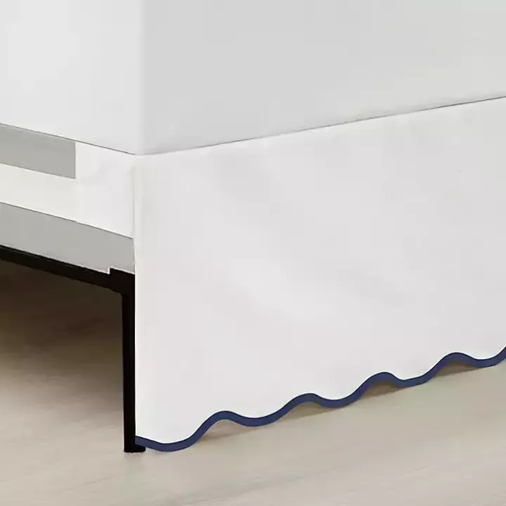 White Navy Scalloped Coastal Queen Bed Skirt