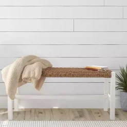 White Newport Wood and Rattan Bench
