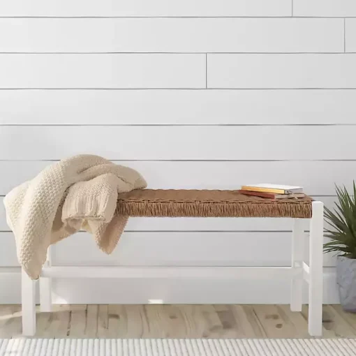 White Newport Wood and Rattan Bench