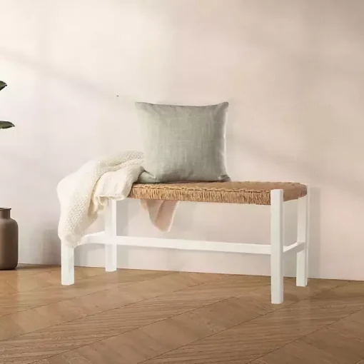 White Newport Wood and Rattan Bench