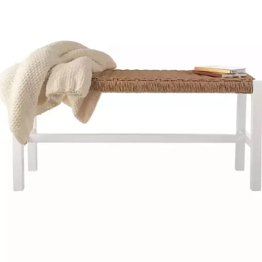 White Newport Wood and Rattan Bench