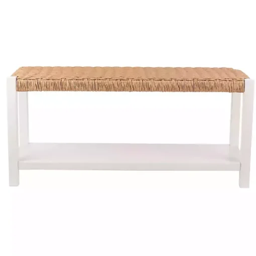 White Newport Wood and Rattan Bench with Shelf