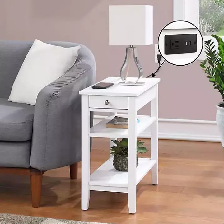 White 2-Shelf Charging Accent Table