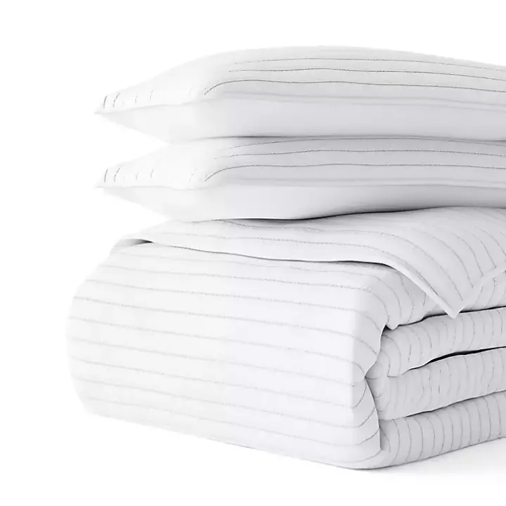 White Stitched Stripes 3-pc. Queen Quilt Set