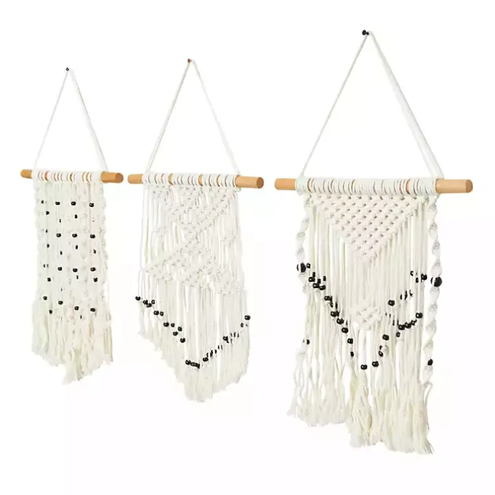 White Tasseled Macrame Wall Hangings, Set of 3