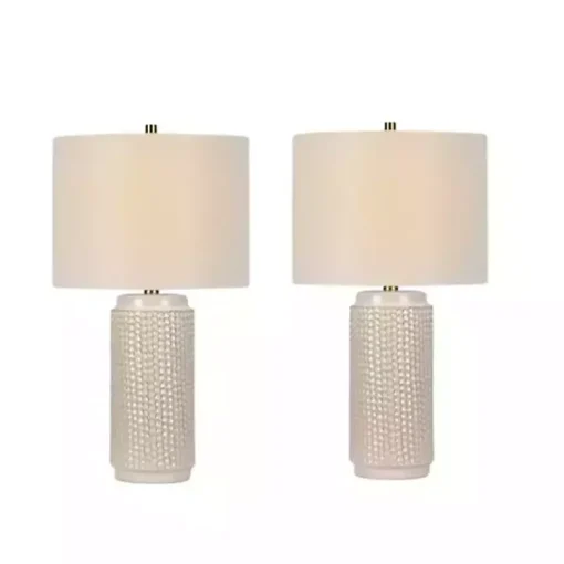 White Textured Cylinder Table Lamps, Set of 2
