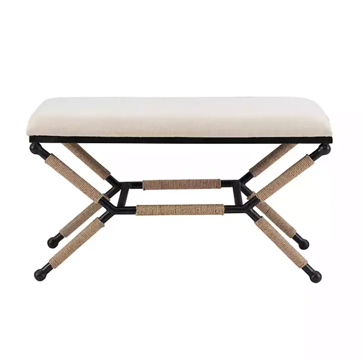 White Upholstered and Wrapped Rope Metal Bench