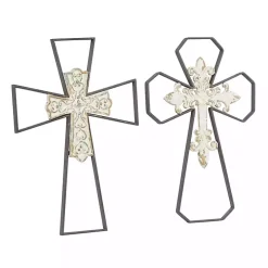 White Wood and Metal Cross Wall Plaques, Set of 2