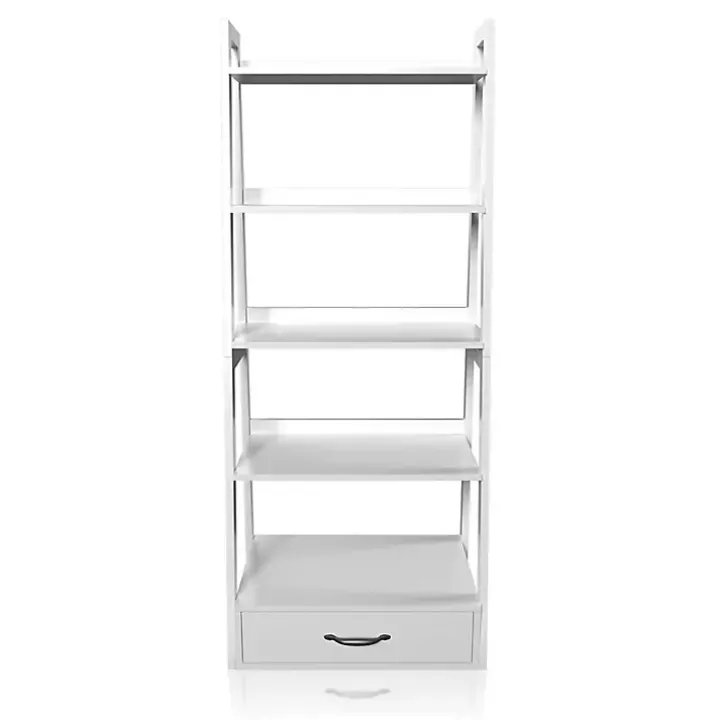 White Wood 5-Shelf Leaning Bookshelf