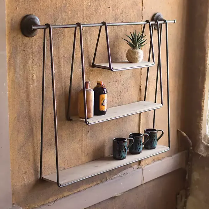Wood and Metal Three-Tier Side Modern Wall Shelf