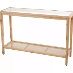 Wood Glass Top Console Table with Rattan Shelf