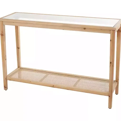 Wood Glass Top Console Table with Rattan Shelf