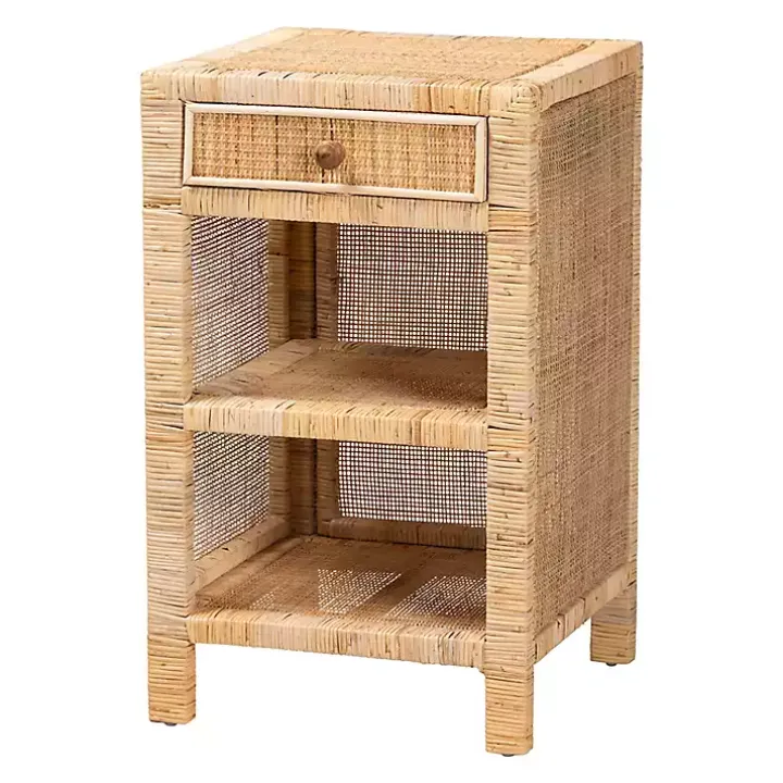 Woven Rattan and Mahogany Wood Nightstand