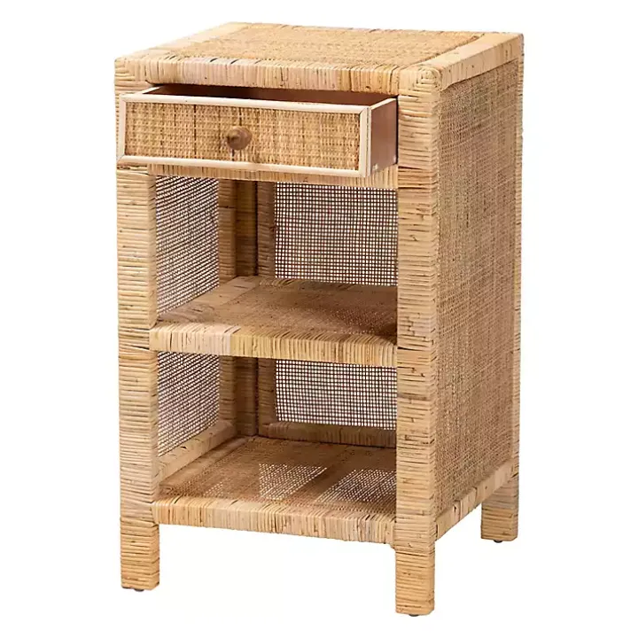 Woven Rattan and Mahogany Wood Nightstand