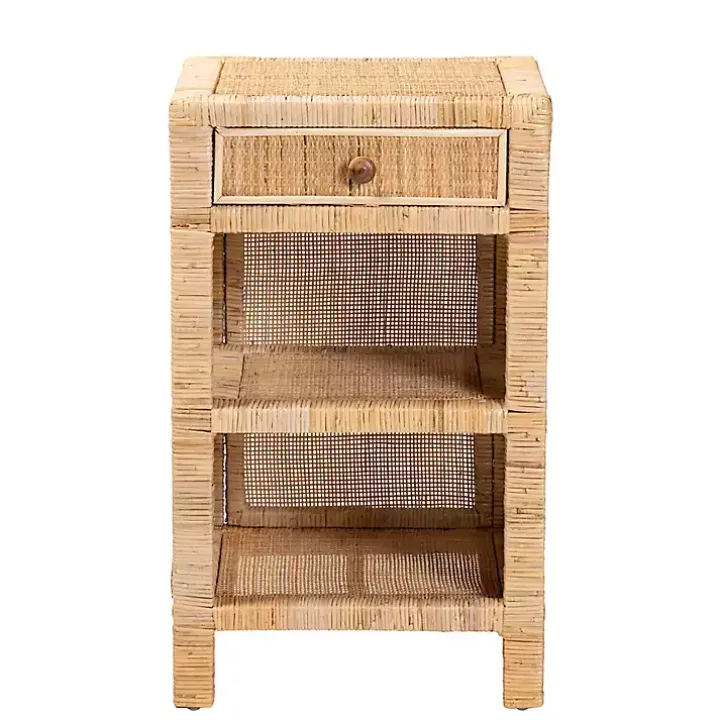 Woven Rattan and Mahogany Wood Nightstand
