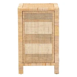 Woven Rattan and Mahogany Wood Nightstand