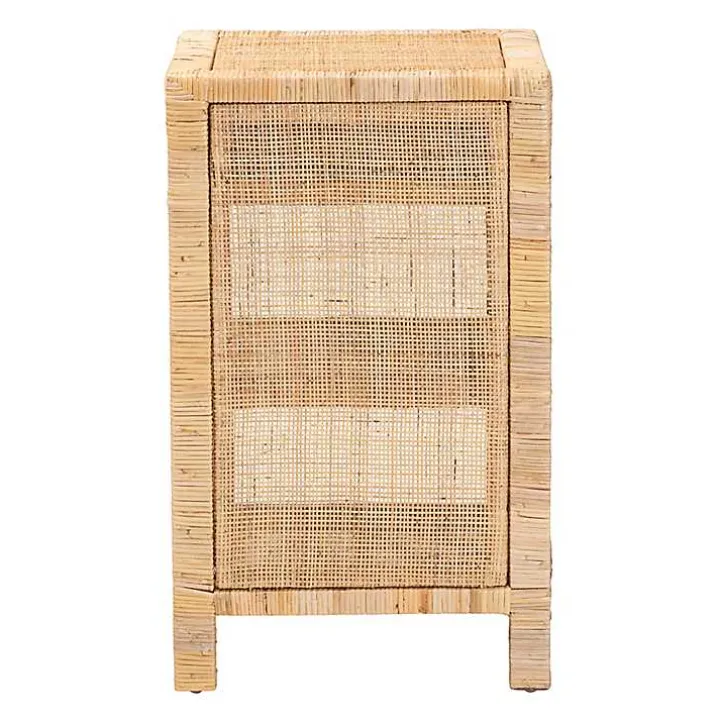 Woven Rattan and Mahogany Wood Nightstand