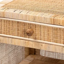 Woven Rattan and Mahogany Wood Nightstand