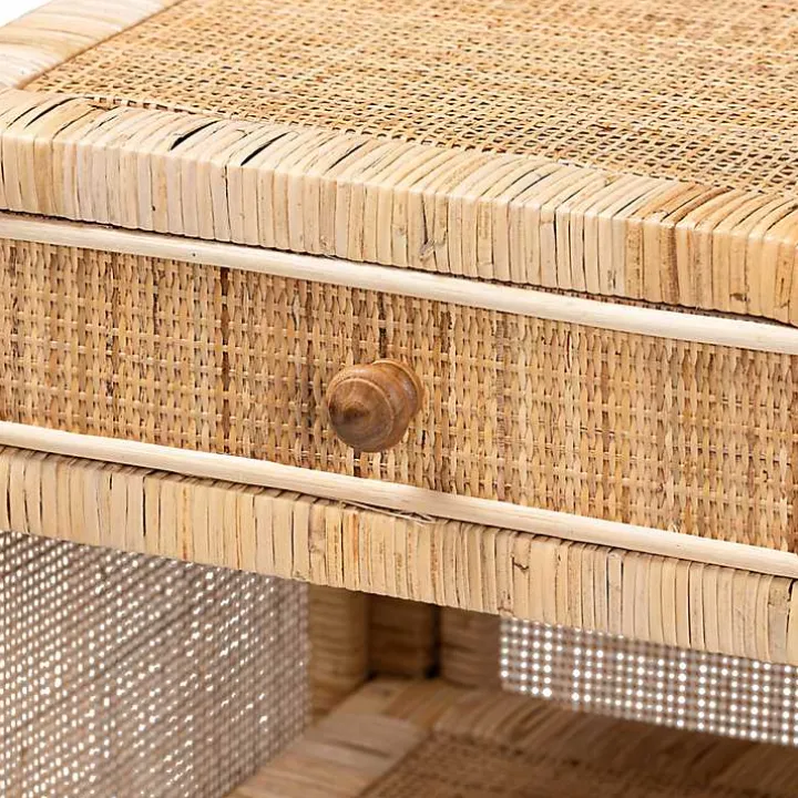 Woven Rattan and Mahogany Wood Nightstand