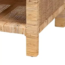 Woven Rattan and Mahogany Wood Nightstand