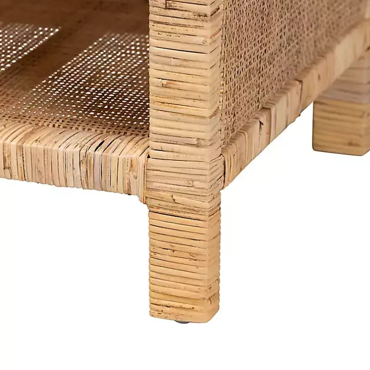 Woven Rattan and Mahogany Wood Nightstand