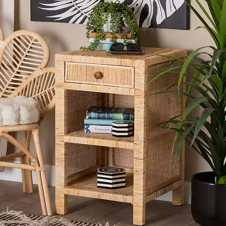 Woven Rattan and Mahogany Wood Nightstand