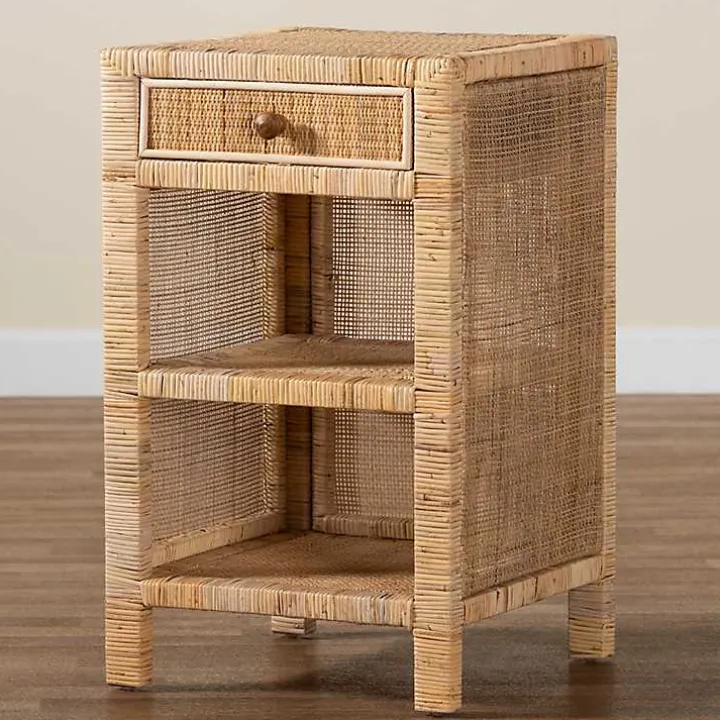 Woven Rattan and Mahogany Wood Nightstand
