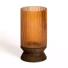 Amber Glass and Wood Hurricane, 13 in.