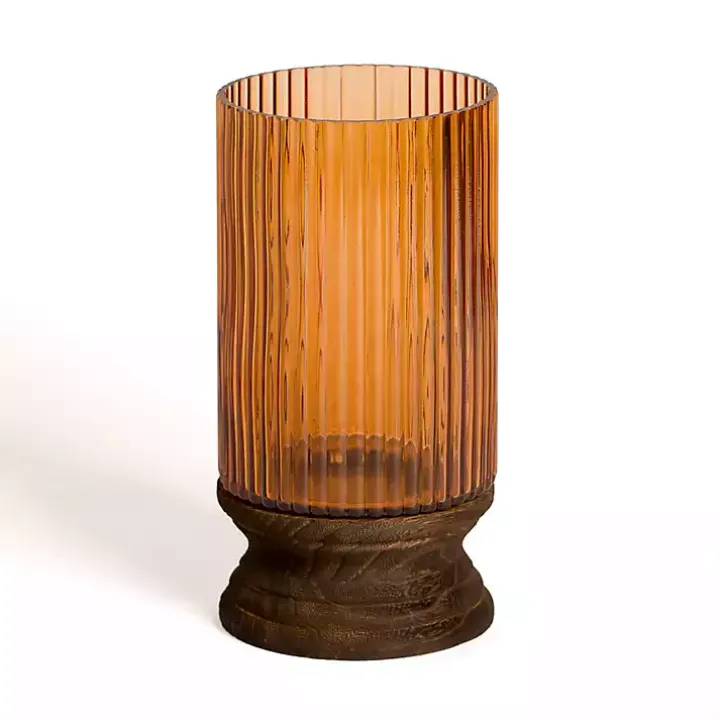 Amber Glass and Wood Hurricane, 13 in.