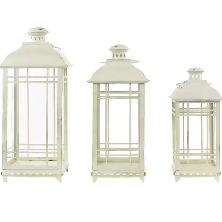 Antique Cream Metal Lanterns, Set of 3