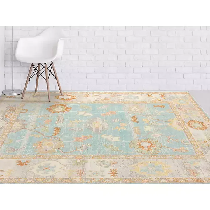 Aqua and Beige Bohemian Area Rug, 5x8