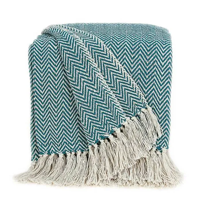 Aqua Chevron Cotton Handloomed Tassel Throw